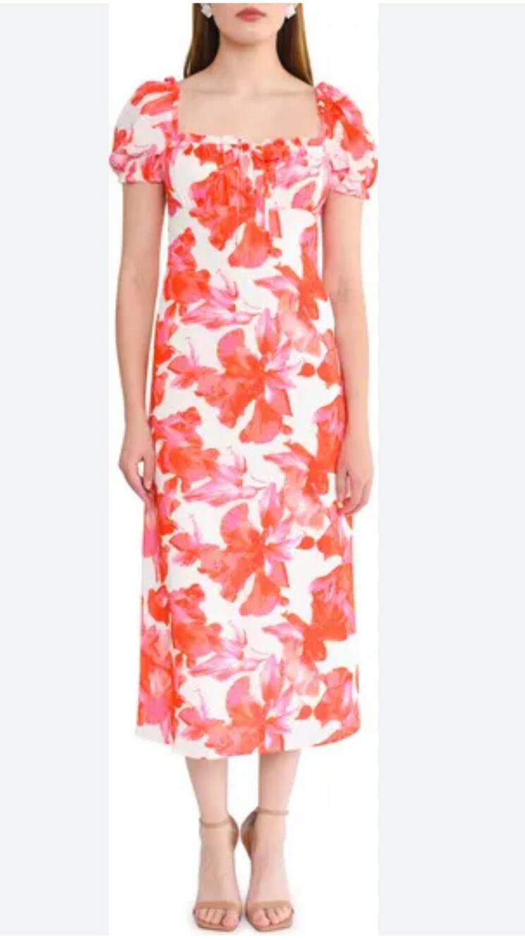 WAYF Midi Dress Felicity Pink Floral Print Short Puff Sleeve New